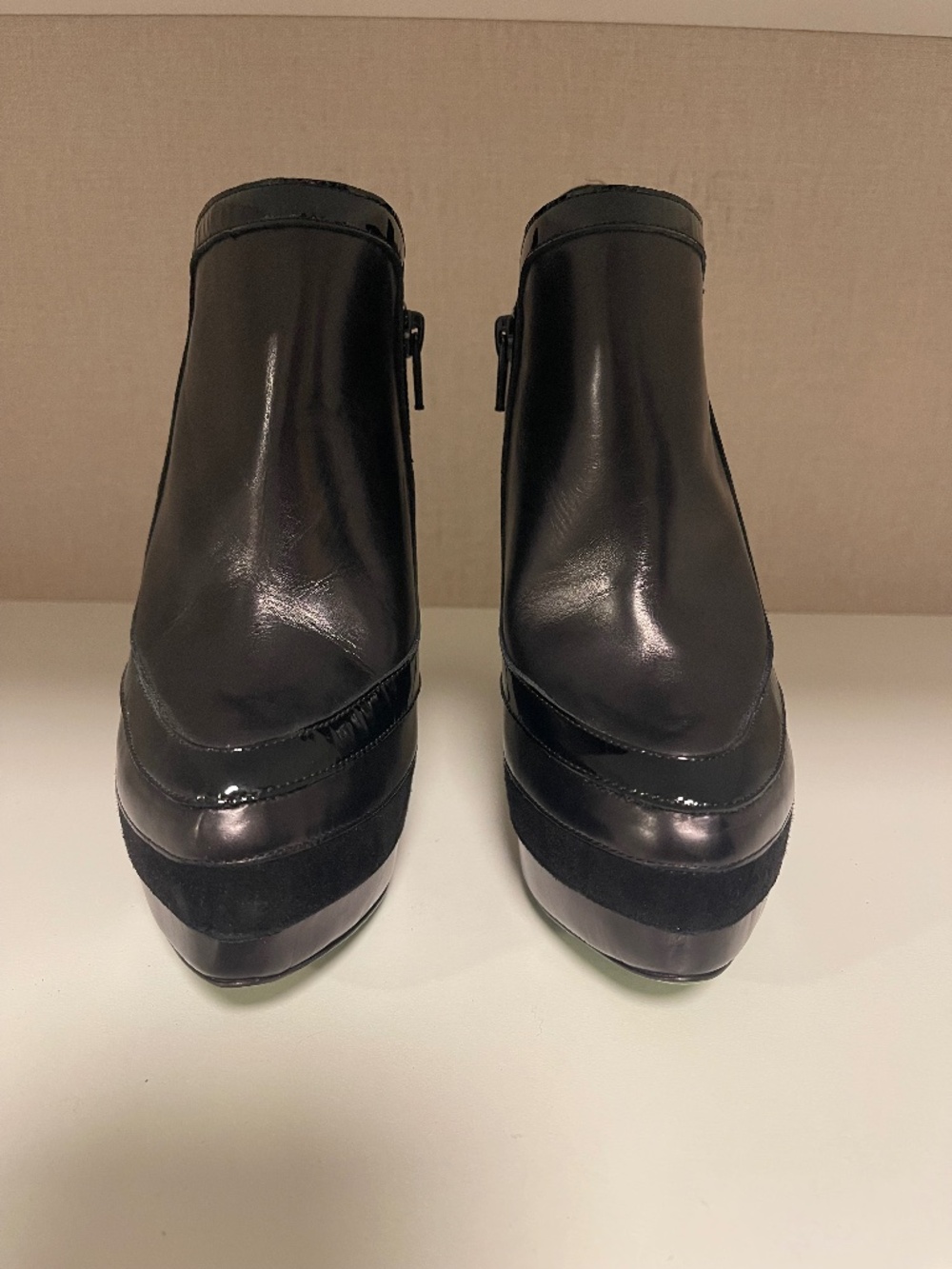 Ruthie Davis Leather, Patent Leather and Suede Black Platform Booties 37.5